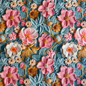 以下が含まれることがあります： ピンク、白、青の花が咲く花柄のファブリックウォールアートのクローズアップ。花は刺繍されており、3D効果があります。
