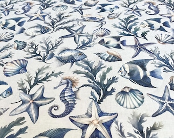 Nautical Cotton Fabric 320 cm - Marine Theme - Fish, Coral, Shells, Blue Beige - Home Decor, Curtains, Tablecloths, Sewing Fabric