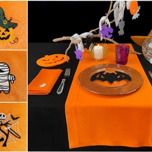 Halloween black tablecloth with orange embroidered napkins and runner/Tablecloth rectangle oval round or square tablecloth for halloween
