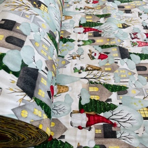 Clearance fabric/Christmas fabric/Holiday fabric/Fabric with snowy landscape/Fabric with Christmas gnomes/Festive textile