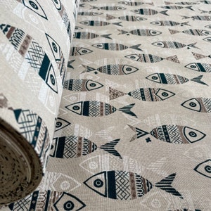 Cotton fish fabric width cm.280 / Decorative fabric for the home / Sewing fabric / Marine motif fabric