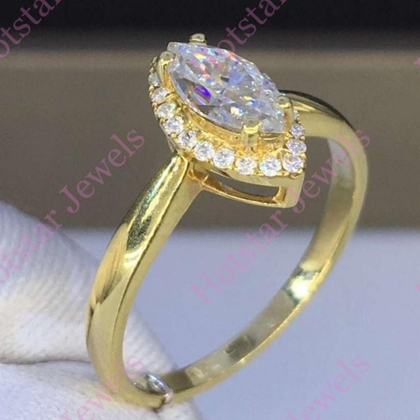 14K Yellow Gold Finish 2.50Ctw Round Halo Marquise White Diamond Wedding/Engagement Ring For Women Marquise Halo Solitaire Ring For Girl's.