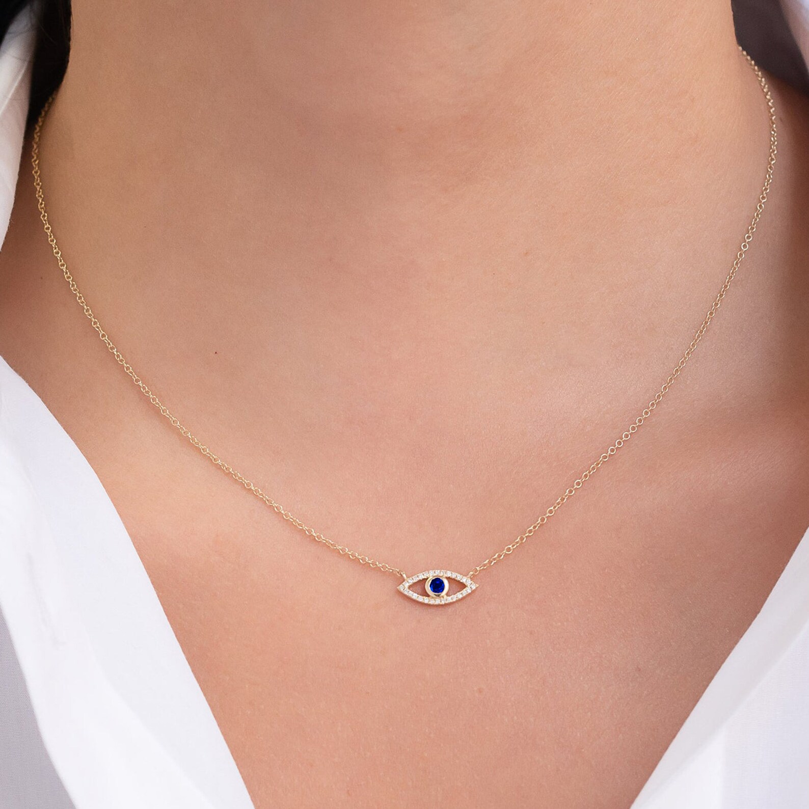 Blue Sapphire & Diamond Evil Eye Necklace for Women 14K Gold Etsy