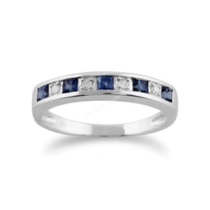 1.20Ct Princess Cut Sapphire & Diamond Half Eternity Anniversary Engagement Wedding Ring Band Women 925 Sterling Silver 14K White Gold Over