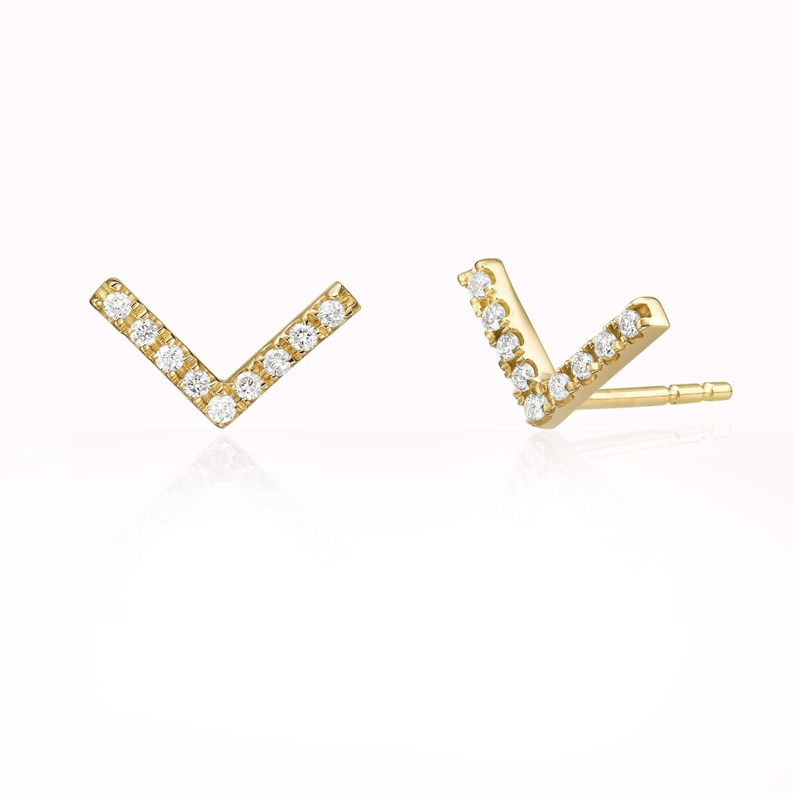 Diamond V Shape Stud Earrings for Women 14K Gold Finish Etsy