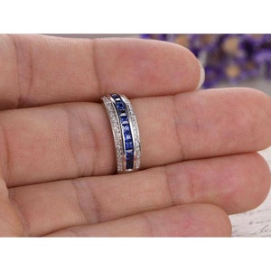 Blue Sapphire Princess and Round Cut White Diamond Band Ring For Men, 14k White Gold Plated Band, 1.50 Cts Wedding Gifting Band Ring.