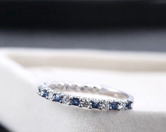 Wedding Band, 2.50 Ctw Princess Diamond With Blue Sapphire Ring For Her, 14k White Gold Plated Ring, Wedding /Engagement Gifting Ring.