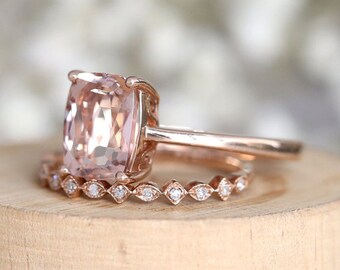 14k Rose Gold Plated Cushion Cut Morganite With Round White Diamond Band Bridal Ring, 2.20Ctw Ring For Women Wedding/Engagement Bridal Ring.