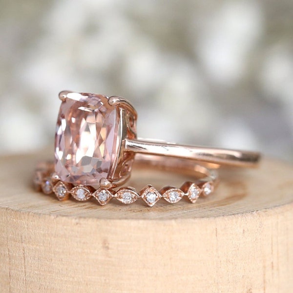 14k Rose Gold Plated Cushion Cut Morganite With Round White Diamond Band Bridal Ring, 2.20Ctw Ring For Women Wedding/Engagement Bridal Ring.