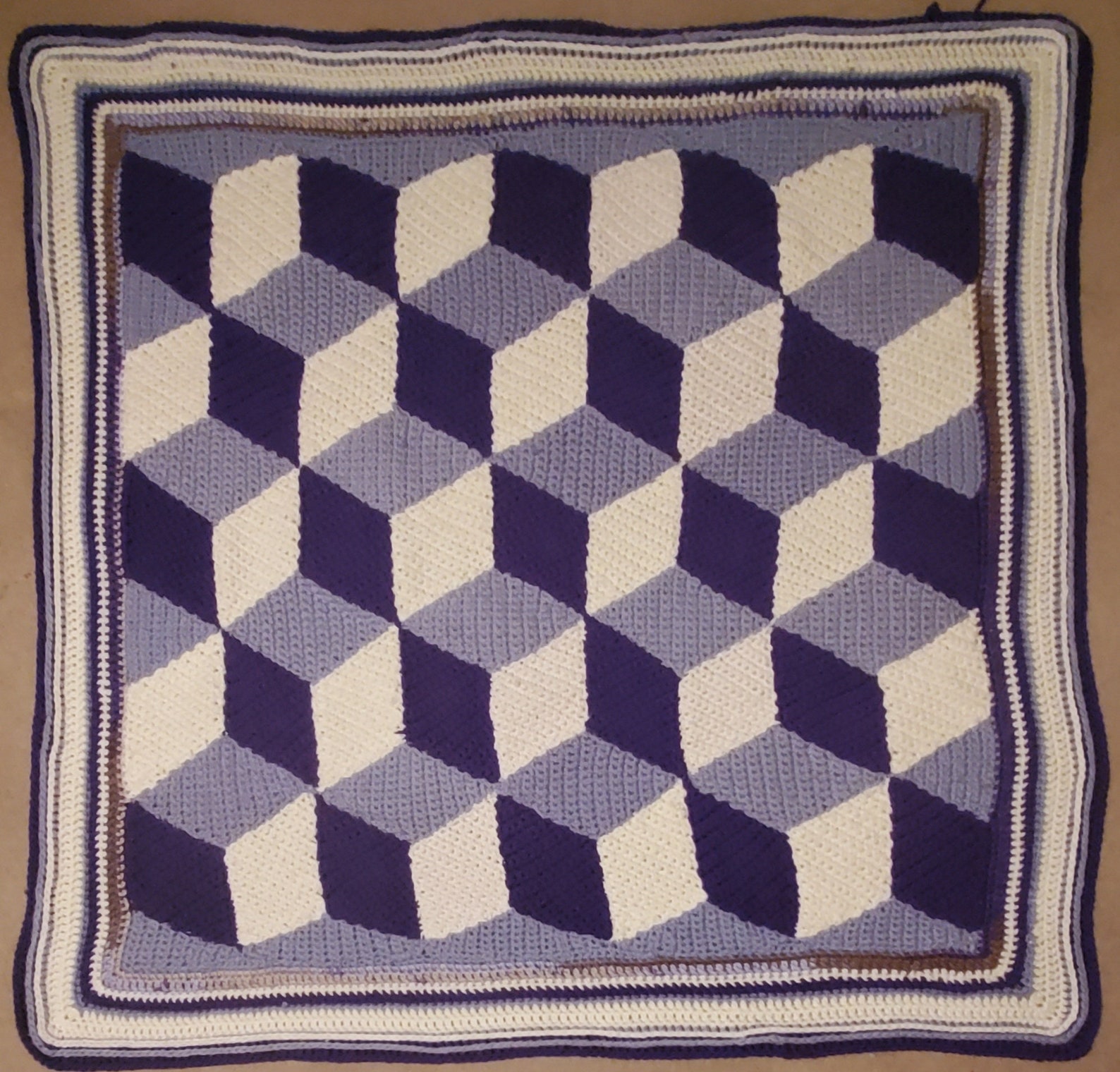 Handmade Purple Cube Crochet Afghan/throw Optical Illusion 3D Geometric