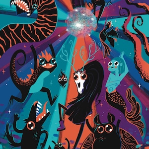 May include: A colourful illustration depicting a collection of fantastical creatures in a surreal environment. The artwork includes a long, striped worm, a bat-like figure, a mermaid, and other whimsical beings, set against a backdrop of radiating light.