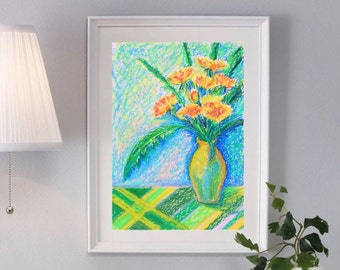 Oil painting of flowers Dandelions in a vase. Original Oil pastel painting in the style of impressionism.  No frame.