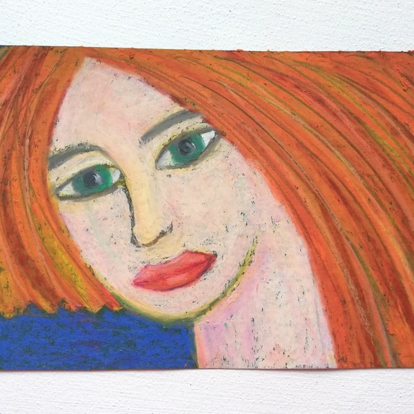 Portrait d'une jeune fille rousse au pastel à l'huile. Portrait primitif original d'une femme au pastel sur papier de verre. Peignez les femmes. Pas de cadre.