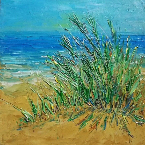 Peinture à l'huile de paysage de mer et de dunes de sable style empâtement. Peinture miniature originale de paysage marin impressionnisme Dune de sable avec herbe de mer. Pas de cadre.