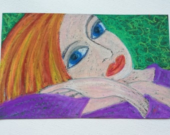 Portrait redhead girl in oil pastel. Original primitive portrait of a woman lying on her hands in pastels on sandpaper. Paint Women.No frame