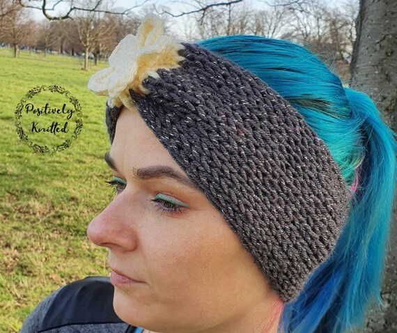 Grey and Glitter Ear Warmer, Hand Knitted Wrap, Cream Flower  display picture 1