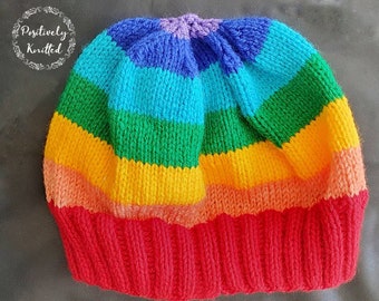 Rainbow hand knit beanie, light knit rainbow beanie, beanie hat, rainbow hat, handmade rainbow hat, bright multicolour beanie, stripy beanie