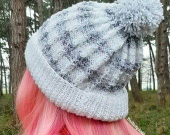 Two tone stripy hat, grey and white beanie, gray knitted beanie, striped two shade hat, hand knitted beanie, hand made hat, pom pom hat