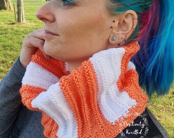 White and orange snood, handknitted loop scarf, light knit scarf, ladies snood, irish, knit, stripy scarf, spring snood, two colour snood