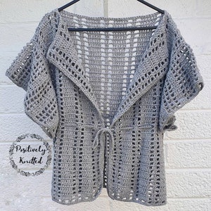 Crocheted cardigan top, crochet grey top, peplum cardigan, hand made gray cotton top, festival top, beach top, crochet y2k top, 90s top