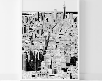 Dessin au trait de la ville de New York | Doodle de New York, New York noir et blanc, New York PNG, New York Printing, New York sky view dessin