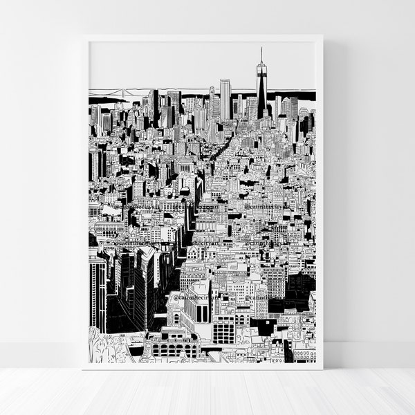 Dessin au trait de la ville de New York | Doodle de New York, New York noir et blanc, New York PNG, New York Printing, New York sky view dessin