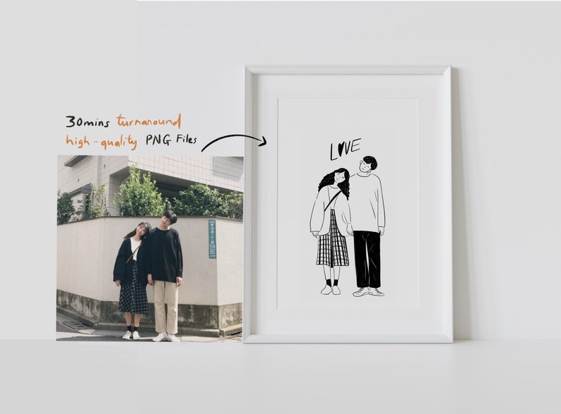 Dessin au trait personnalisé, dessin minimaliste personnalisé, dessin de couple à partir d'une photo dans mon style image 1