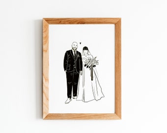 dessin au trait de mariage, dessin au trait de couple, dessin simple de couple, cadeau personnalisé de mariage dans mon style