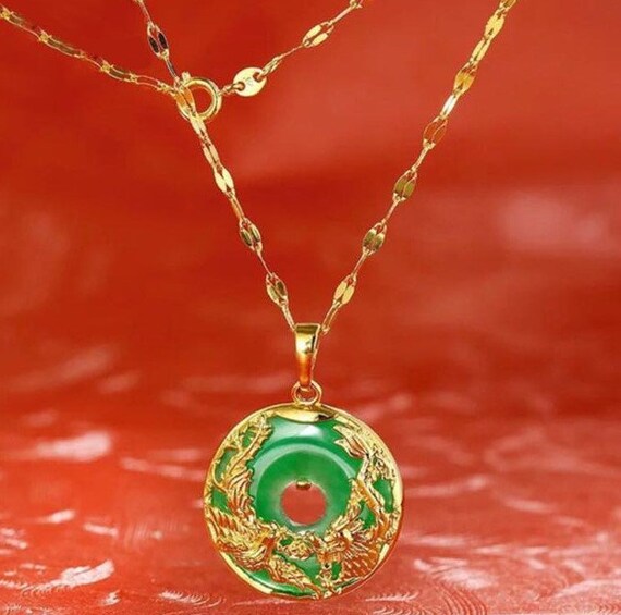 24K Gold Jade Necklace Natural Green 