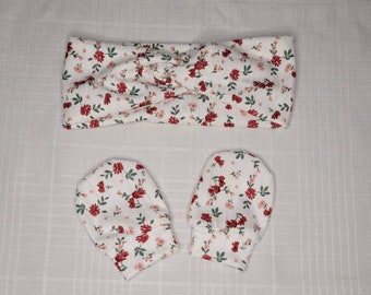 Matching baby girl twisted turban headband and no-scratch mittens, no elastic, knit fabric only, 40+ fabrics to choose from!