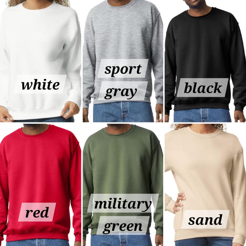 May include: Six different color crew neck sweatshirts. The colors are white, sport gray, black, red, military green, and sand.