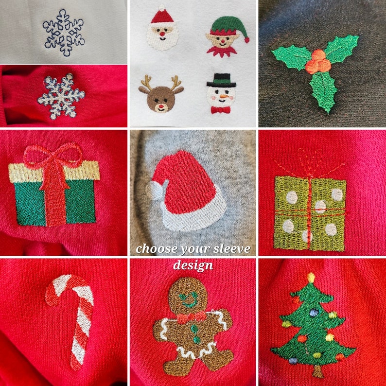 May include: A collage of different Christmas embroidery designs for sleeves. The designs include a snowflake, a reindeer, a snowman, a Santa hat, a present, a candy cane, a gingerbread man, and a Christmas tree.