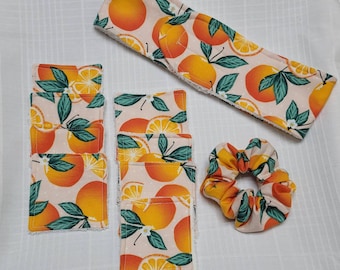 Spa headbands for women, eco friendly makeup removal pads,  and matching scrunchie set, 80+ fabrics to choose from!
