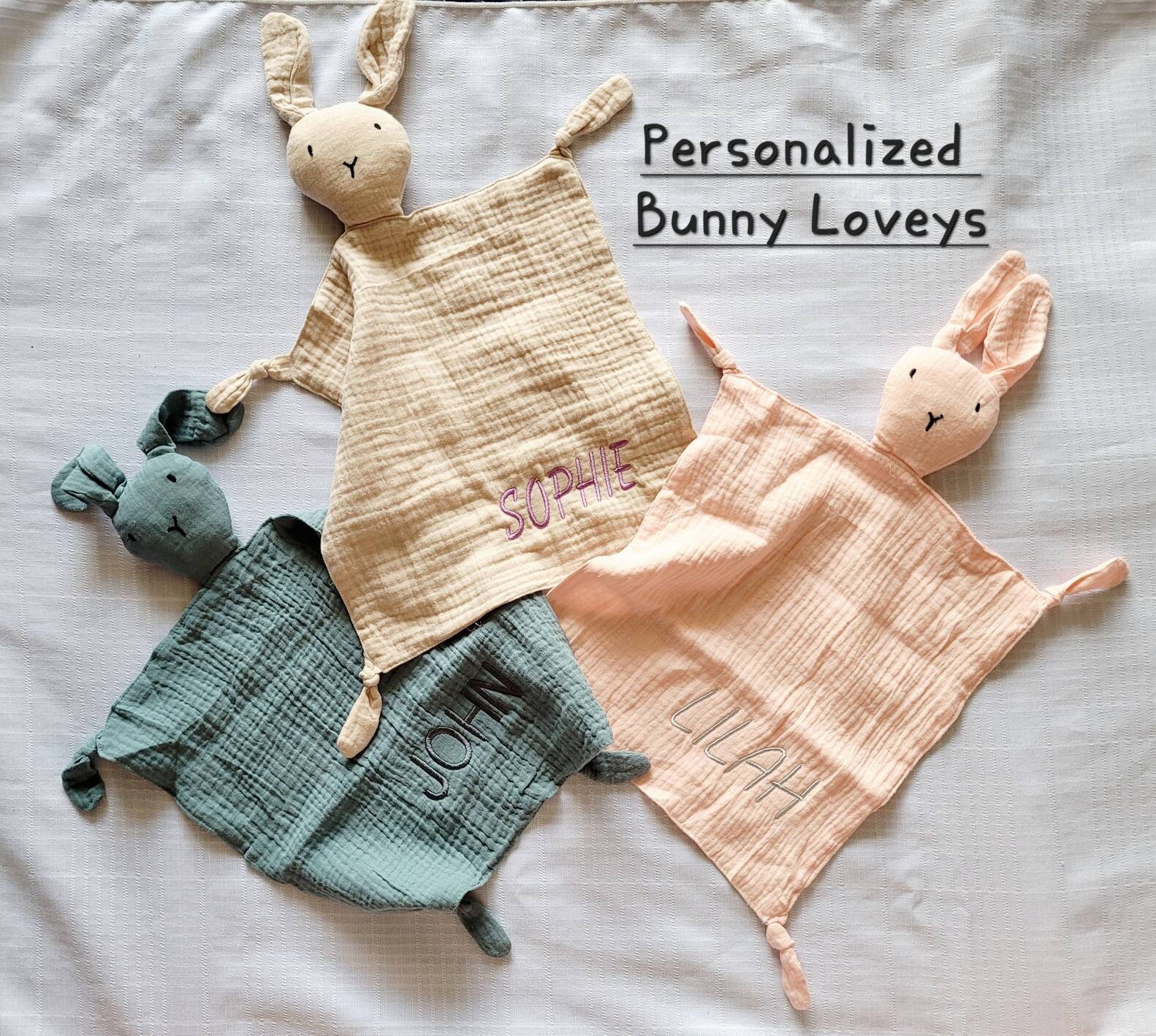 Personalized BUNNY Lovey, custom security blanket, bunny muslin lovey blanket, customizable, baby shower, baby gift, custom embroidered