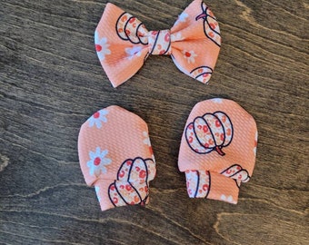 FALL bow & no scratch mittens - soft fabric AUTUMN colors | Thanksgiving season | pumpkins | headband set or bow clips for baby and child