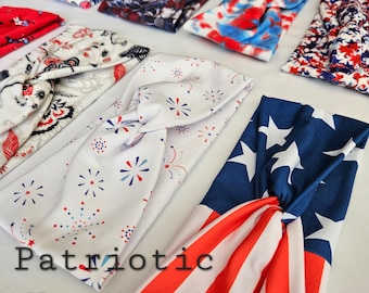 PATRIOTIC: Twist top turban pannband, mjuka stretchiga stickade pannband för kvinnor, olika tryckta tvinnade pannband, 40+ färger att välja mellan!