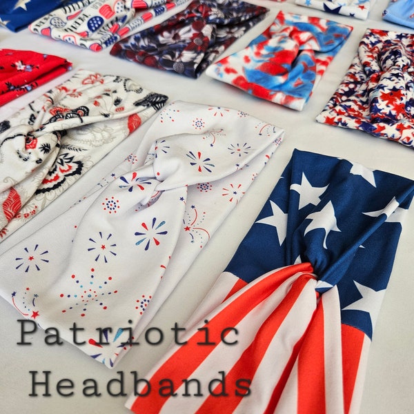 PATRIOTIC : Twist top turban headband, soft stretchy knit headbands for women, various  print twisted headbands, 40+ colors to choose from!