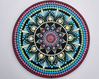 Feel good colorful mandala painting on wooden circle in dot art style: Gift Idea, Birthday Present