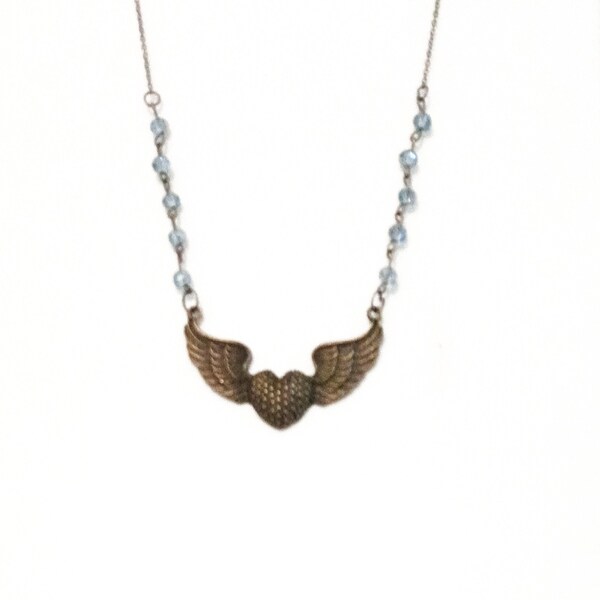 Boho chic angel wings necklace in bronze with blue crystal beads