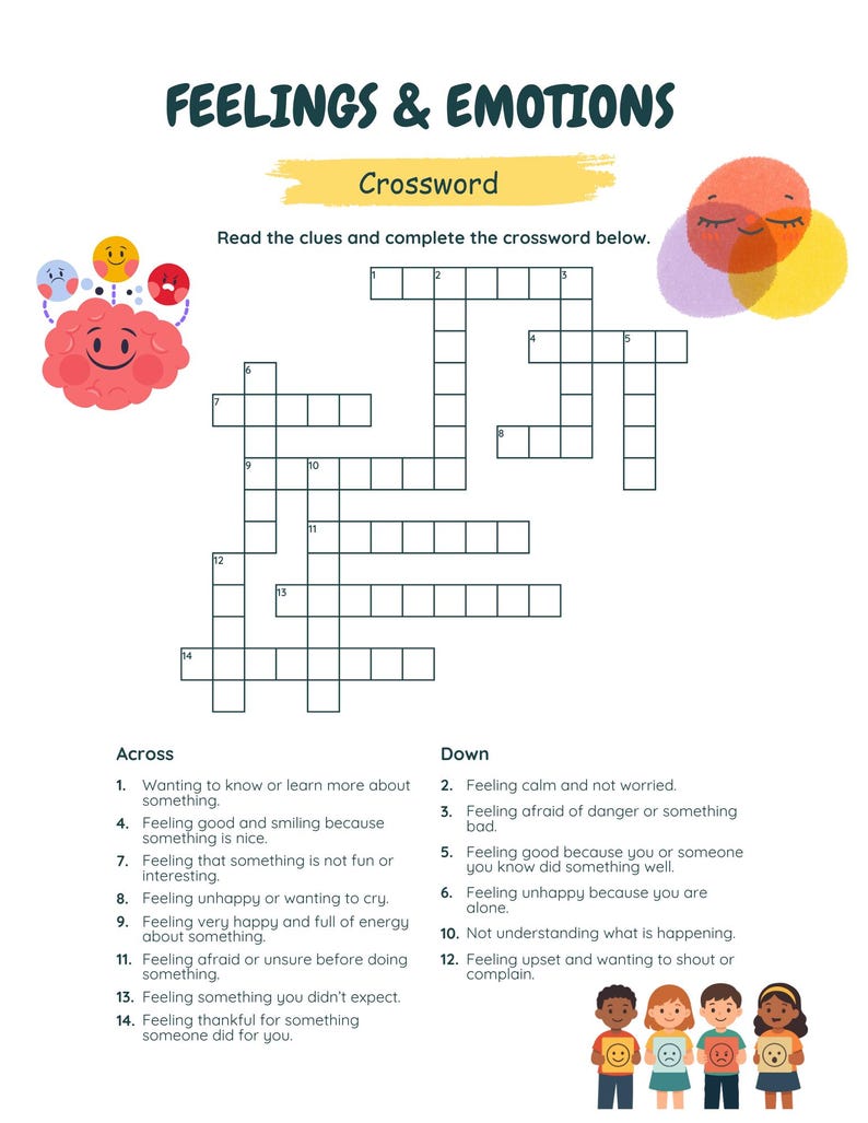 Feelings and Emotions Crossword Puzzle Printable | Social Emotional ...