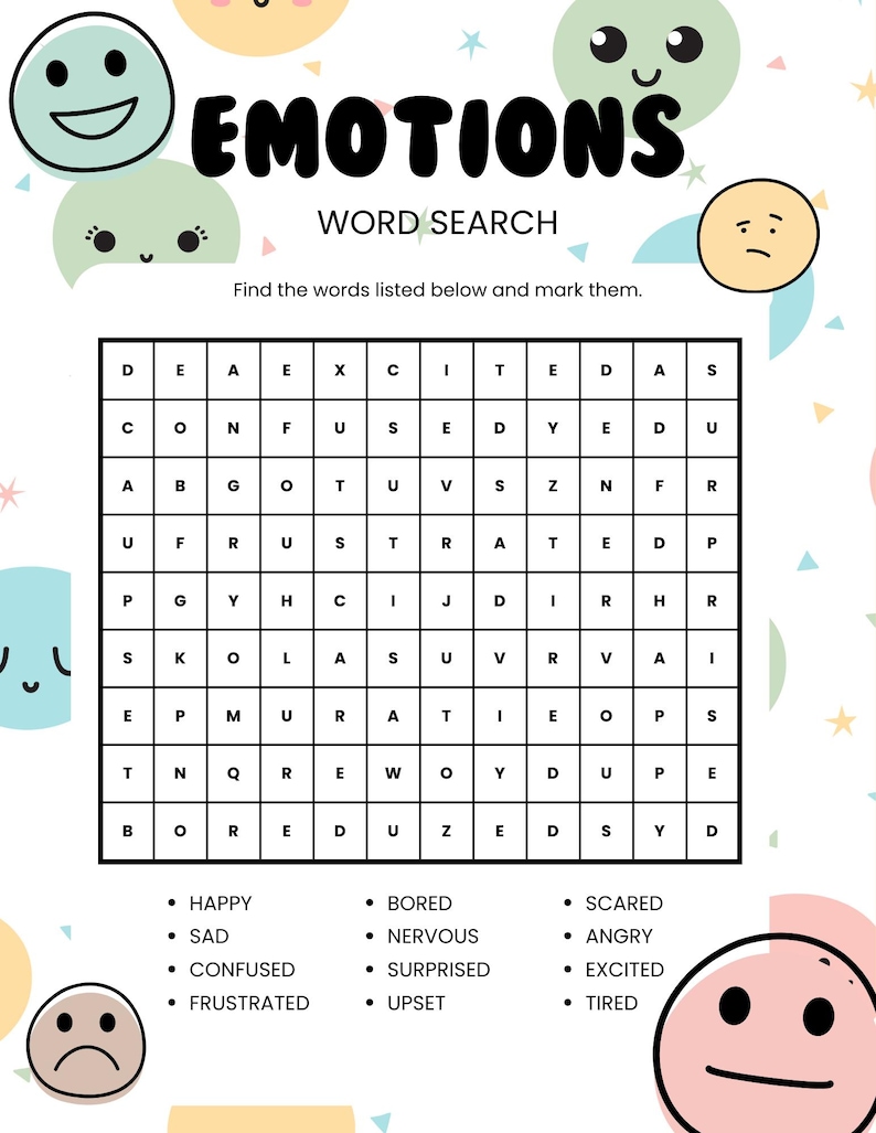 Emotions Word Search Printable | Feelings Vocabulary Activity | Social ...