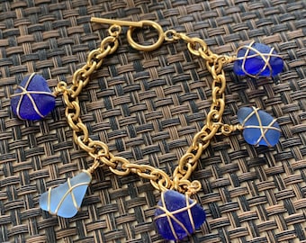 Stainless steel, genuine, beach tumbled, seaglass, charm, handmade, bracelet