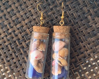 Tiny, seashells, seaglass, bottle, earrings