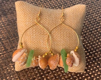 Genuine, seashells, seaglass, hoop, earrings, *Sirena* handmade, from Puerto Rico