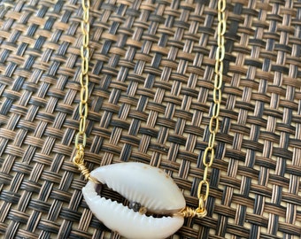 Handmade Cowrie Seashell Necklace: 14k Gold Filled Wire, Stainless Steel Chain