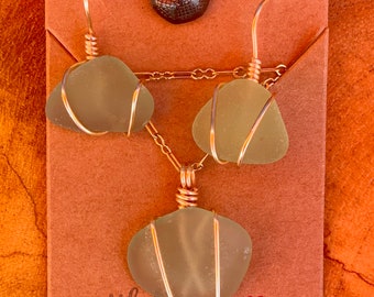 Genuine, real, Sea glass, earrings and necklace,handmade, set.