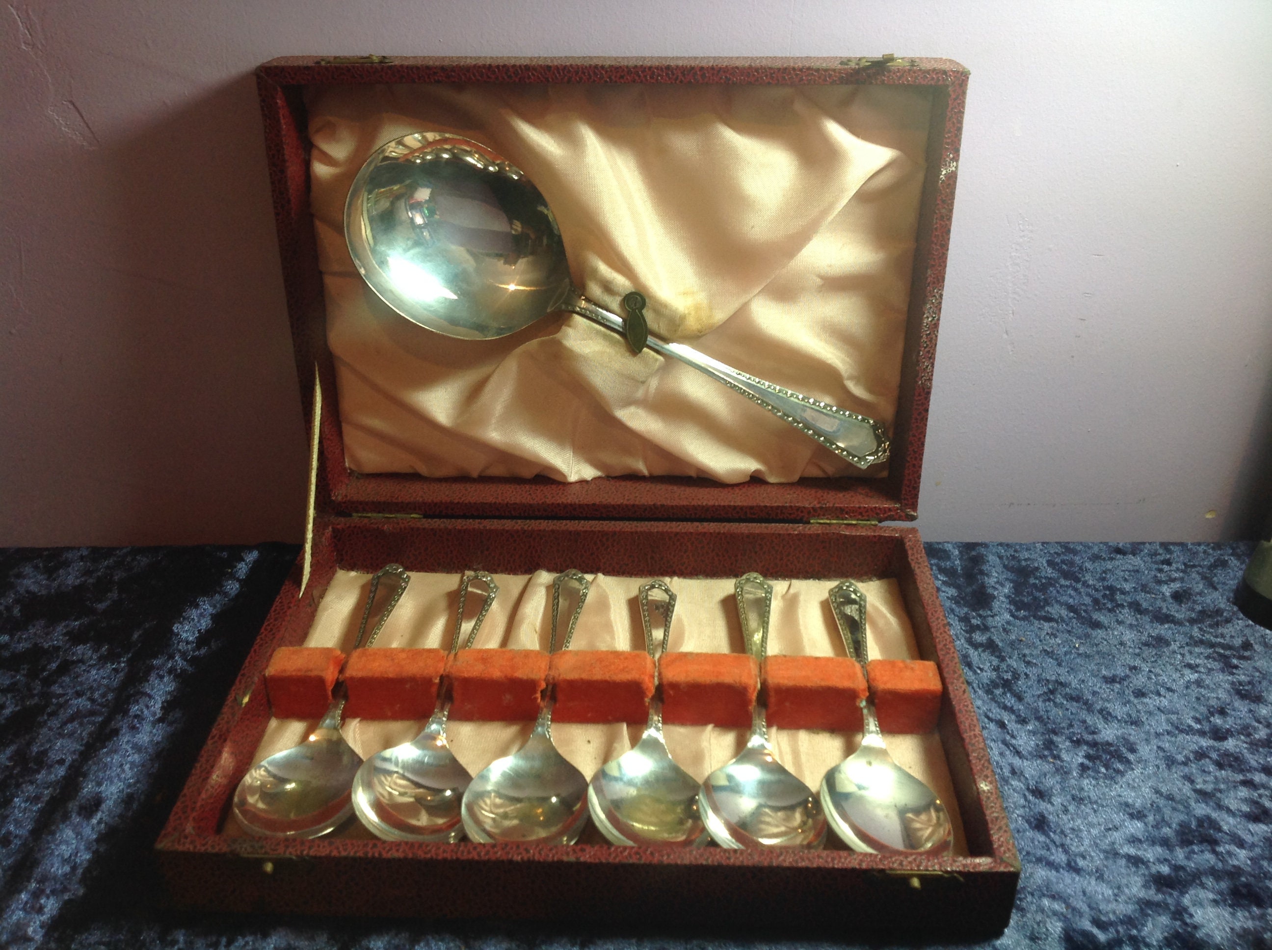 Boxed Set of 6 Desert Spoons with a Server Spoon Etsy
