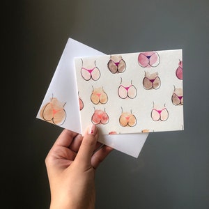 Bikini Butts aquarel notitiekaart wenskaart met optie om een persoonlijk bericht toe te voegen en naar de ontvanger te verzenden