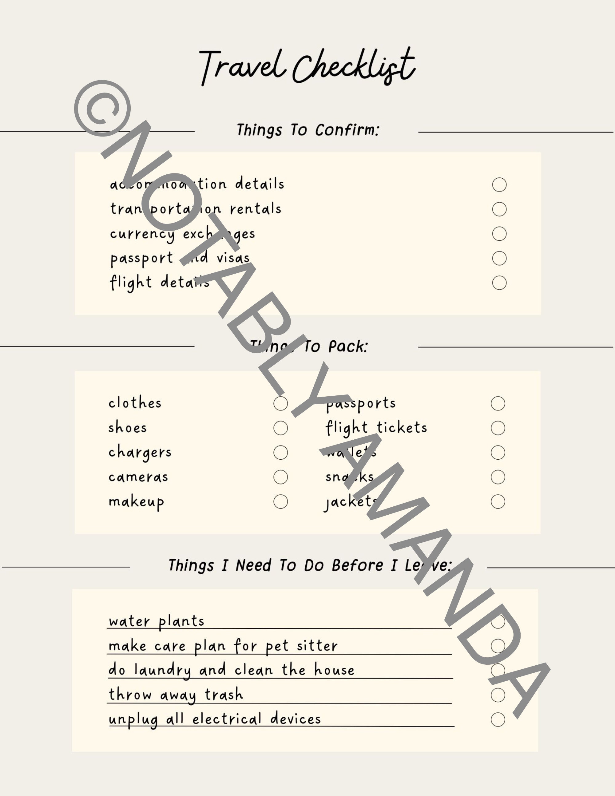 Fillable Travel Check List Digital and PRINTABLE - Etsy