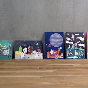 Tarjeta de postal/saludo ilustrada- "Conjunto de postales de fantasía espacial,5 postales ilustradas."